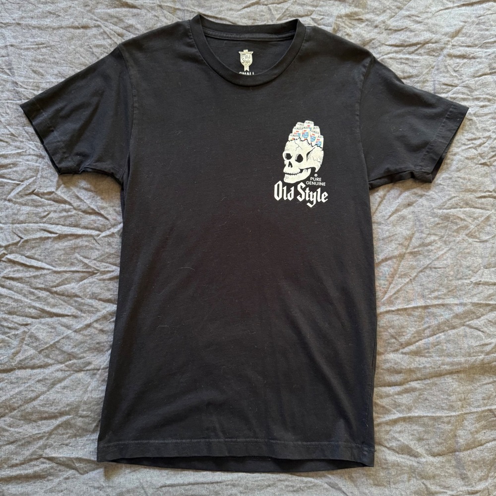 Old Style Beer Graphic T-Shirt Small Black Skull Beer Can Print Tee